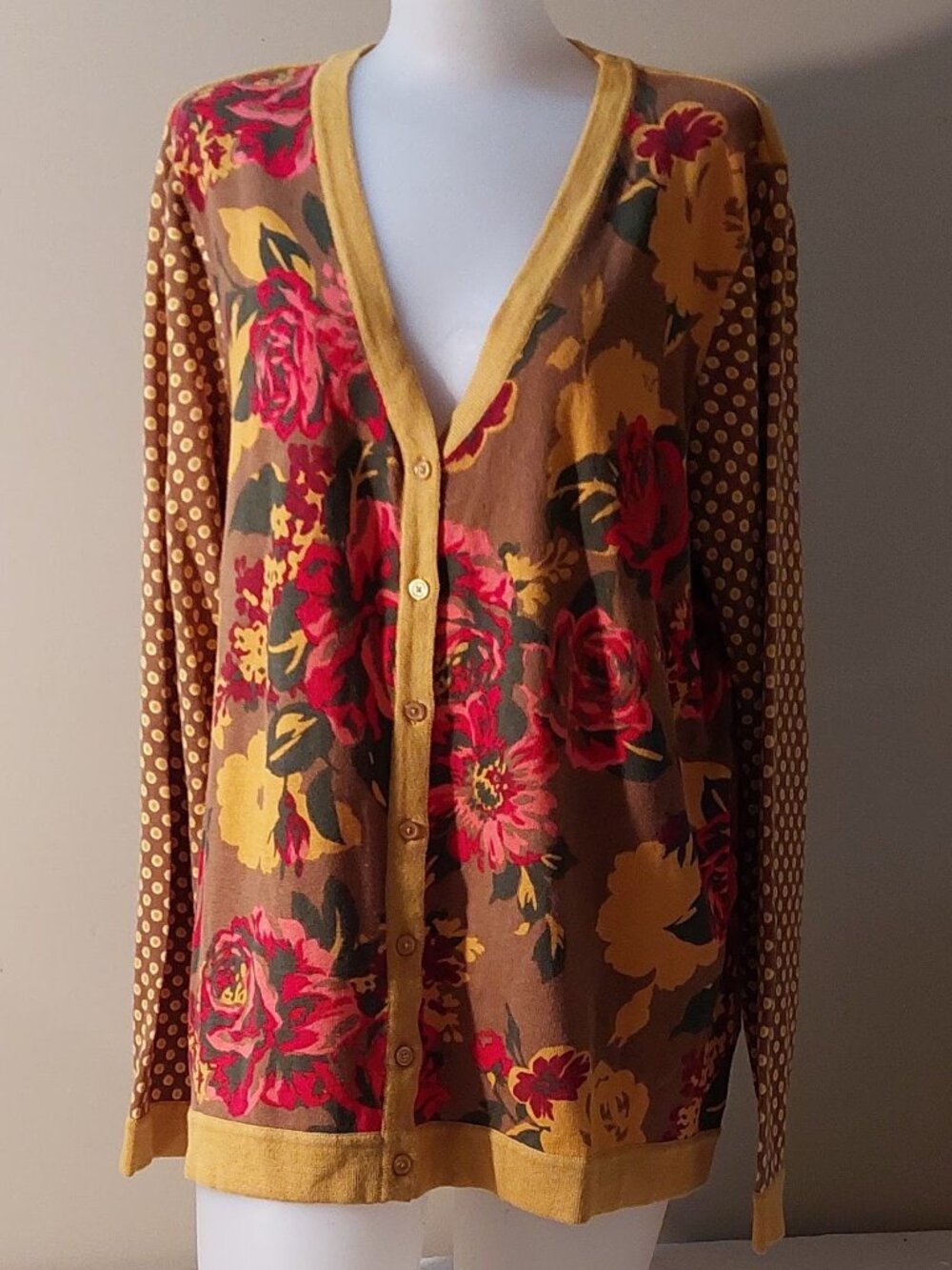 Isaac Mizrahi Live! Gold/Multi-Color Floral Polka Dot Cardigan Sweater Size: 1X - Picture 2 of 8